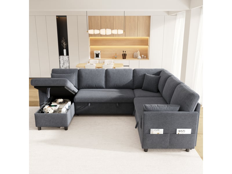 Canapé d'angle en l ou en u – 6 places – avec coffre de rangement – avec ports usbtype-c – avec 3 coussins – gris - Conforama B