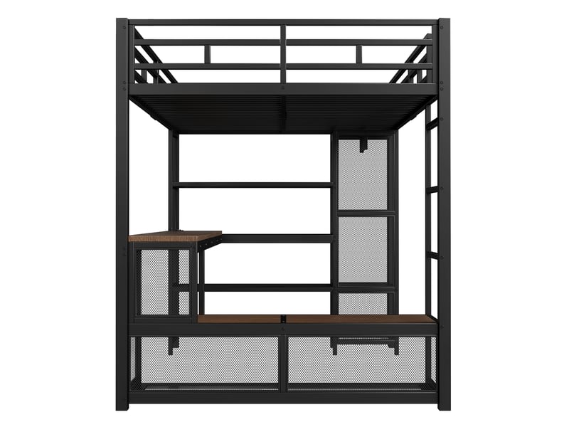 Lit mezzanine 140x200 cm noir, avec bureau, rangements, penderie, led 16 couleurs, usb, structure métal, sommier inclus, sans matelas - Conforama E