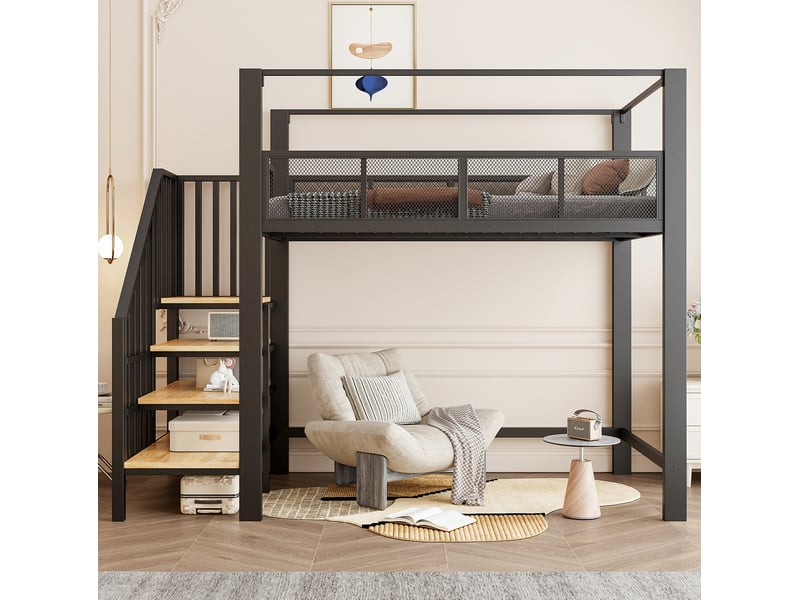  Lit mezzanine modenvie en métal 90 x 200 cm noir avec auvent, échelle de sécurité et rangements  - Conforama D