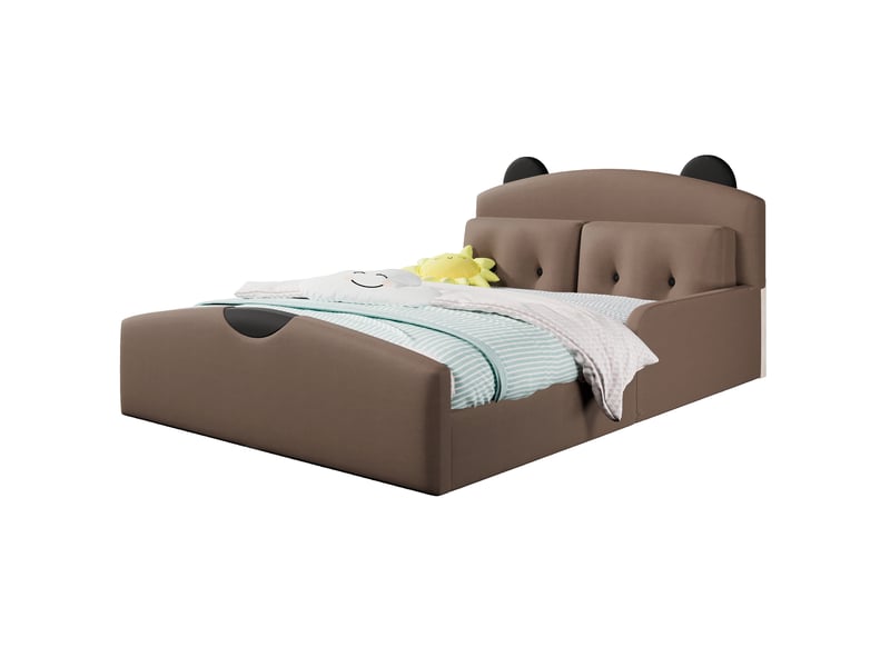  Lit plateforme 140 × 200 cm avec tête de lit ours rembourrée, 2 coussins, en lin marron pour chambre 210 × 146 × 87 cm  - Conforama A