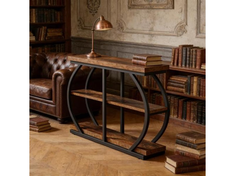  Console à 3 niveaux avec étagères de rangement, structure métallique, pour entrée et salon, bois marron 105 × 24 × 80 cm  - Conforama E
