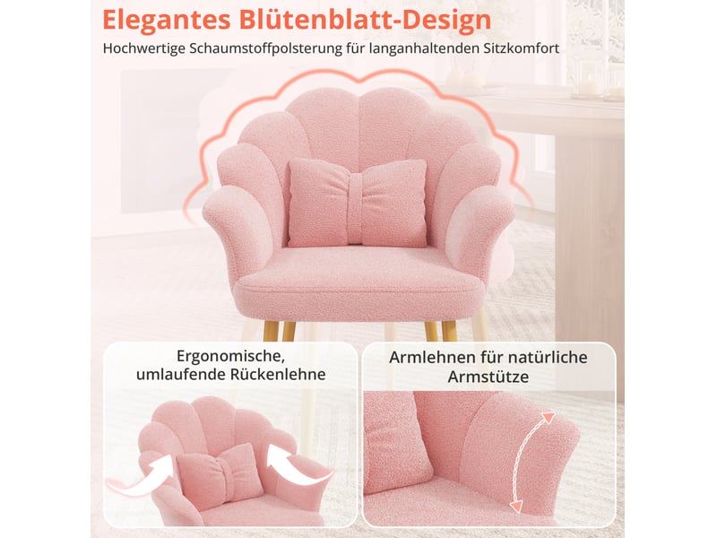  Fauteuil rembourré avec dossier en pétales et accoudoirs, coussin inclus et pieds dorés en tissu bouclette rose  - Conforama D