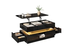 Table basse relevable noire brillante 90 x 48 cm avec rangement, led et prise intégrée