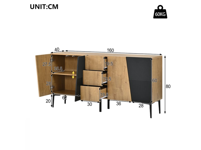 Buffet bas 160x40x80 cm avec 4 portes, 3 tiroirs et étagères réglables, meuble rangement salon salle à manger en mdf-noir et bois - Conforama C