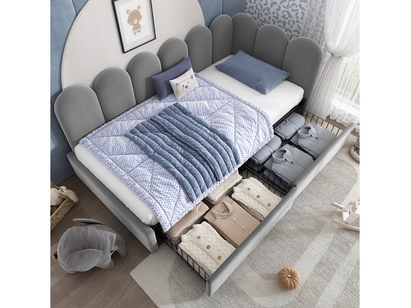  Lit simple 90x190 cm avec 2 tiroirs de rangement et sommier à lattes, velours gris, sans matelas  - Conforama D