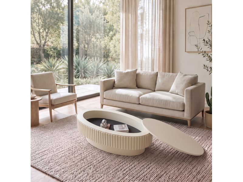 Table basse ovale avec rangement caché sous plateau, finition laquée crème, en mdf et bois, 98 × 60 × 35 cm - Conforama C