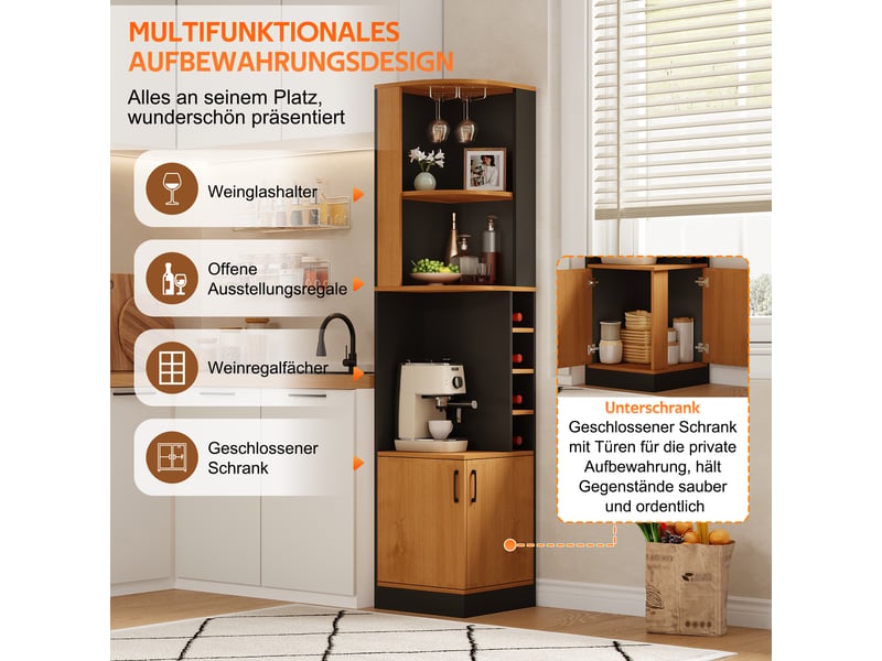  Buffet de cuisine 2 portes 40x40x182 cm - meuble d'angle avec porte-bouteilles, rangement pour verres et étagères - noir  - Conforama R