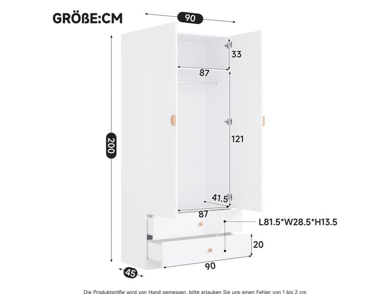  Armoire 90x45x200 cm avec 2 tiroirs, tringle et poignée en bois, coloris blanc, meuble de rangement chambre et dressing  - Conforama C