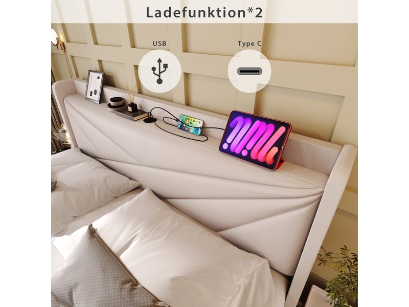  Lit coffre enfant 90x200 cm, espace de rangement, usb type-c et sommier, coton lin beige, sans matelas  - Conforama D