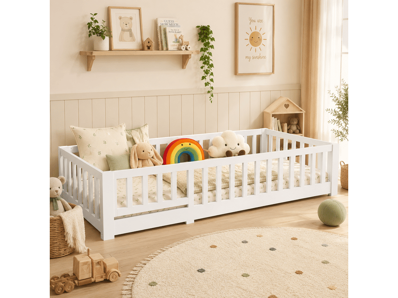  Lit enfant 90x200 cm, lit au sol avec barrière de sécurité et sommier à lattes, lits montessori pour garçons et filles, charge jusqu’à 100 kg, blanc  - Conforama E