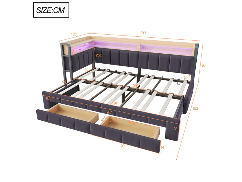  Canapé-lit gigogne extensible 90x200+180x200 cm avec rangement, led, usb et usb-c, mdf, métal, gris foncé, sans matelas  - Conforama C