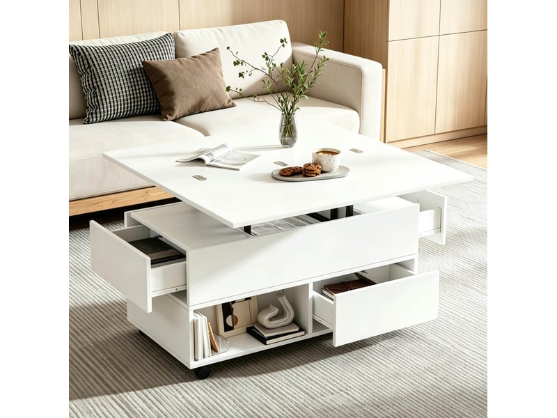  Table basse relevable avec 4 tiroirs et roulettes freinées, en panneau de particules blanc mat 100 × 50 × 52 cm  - Conforama E