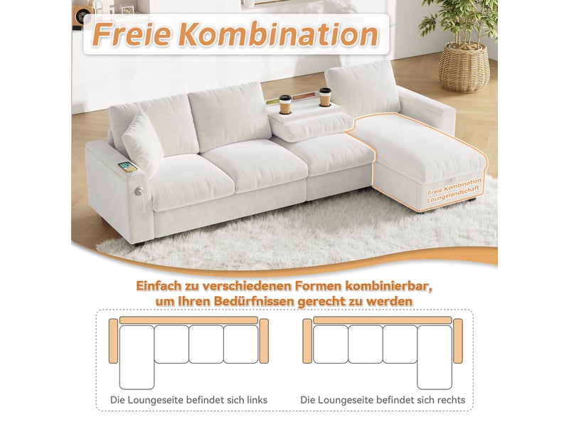  Canapé 4 places modulable en chenille beige avec ports usb  - Conforama C