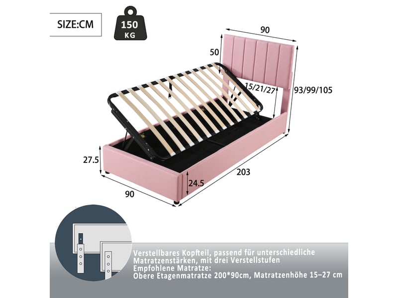  Modenvie lit enfant coffre 90x200 cm - avec rangement hydraulique, sans matelas - rose  - Conforama C