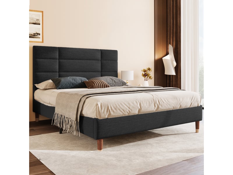  Lit rembourré lit double 140x200cm avec sommier à lattes, en lin noir, cadre de lit rembourré avec tête de lit  - Conforama R