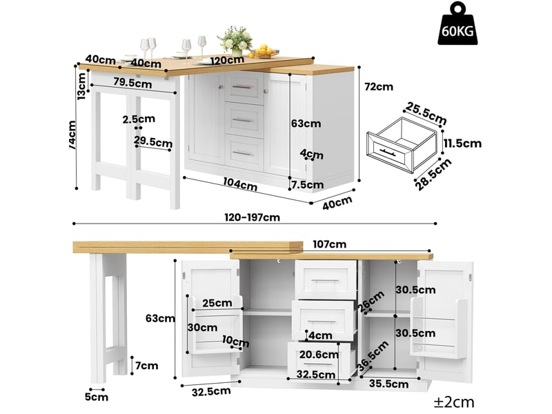 Îlot de cuisine multifonction 120x40x74 cm extensible et rotatif mdf blanc  - Conforama C
