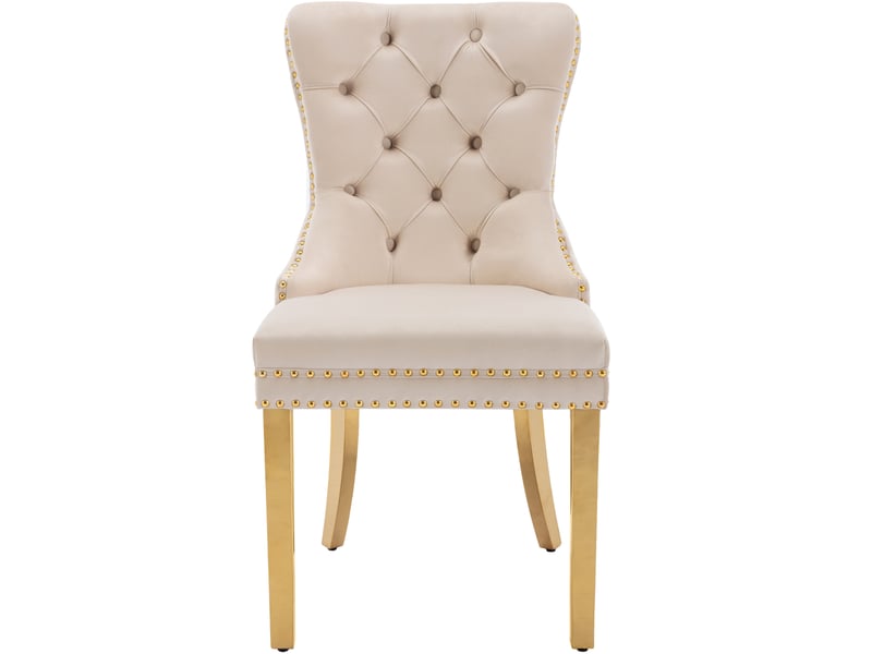 Lot de 4 chaises 65,5x51x95 cm, chaises salle à manger, velours beige, dossier heurtoir rond, pieds dorés en acier  - Conforama A
