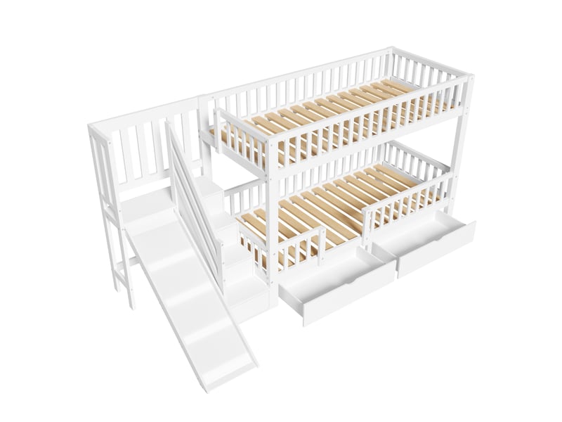  Lit superposé enfant 90x200 cm – blanc – toboggan, escalier, porte magnétique et 2 tiroirs – sans matelas  - Conforama D