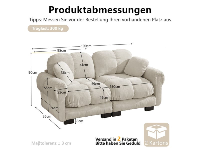 Canapé droit 2 places 190cm en chenille avec design matelassé, canapé modulable avec coussins épais ergonomique, montage facile, kaki clair Bliss Lite - Conforama C