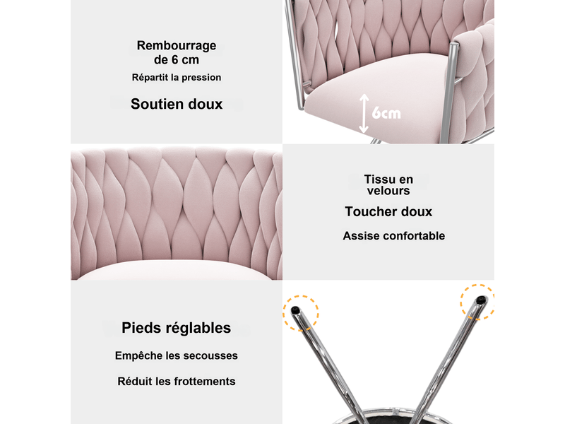  Chaise pivotante 360° en velours rose, dossier enveloppant, piètement métal, assise rembourrée, pour coiffeuse et chambre  - Conforama D
