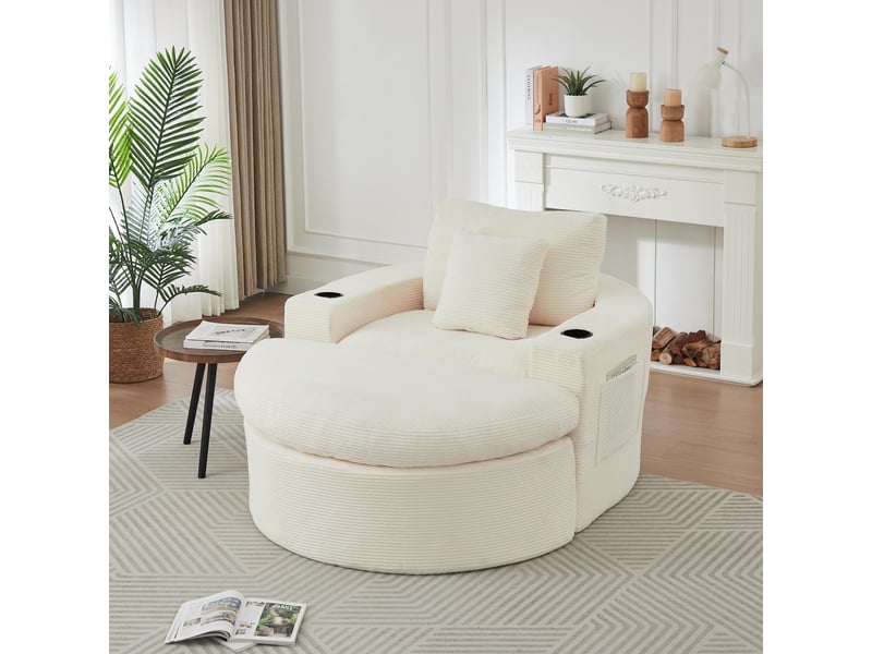 Fauteuil 1 places - 136x156x88 cm - fauteuil poire indépendant en velours côtelé avec ottoman, porte-gobelets - blanc - Conforama B