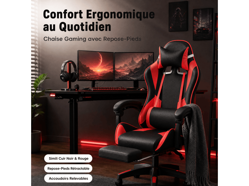  Fauteuil gaming avec assise réglable en hauteur - noir et rouge IZTOSS - Conforama E