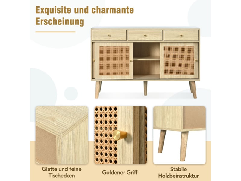  Buffet en rotin, avec 3 tiroirs et 3 portes coulissantes, pied bois massif, poignée métal,étagères réglables, 120x40x78cm, chêne  - Conforama E