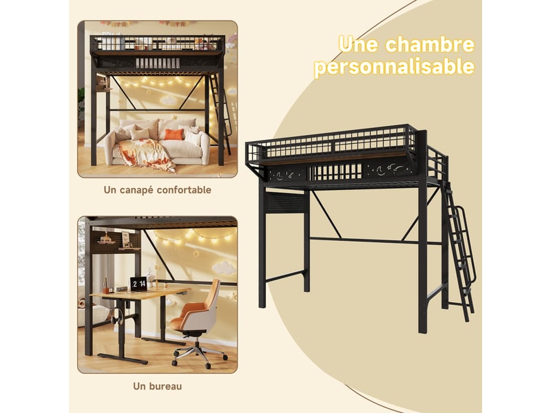  Lit mezzanine 2 personnes 90x200cm - lit haut double avec étagères de rangement, espace ouvert en bas, métal noir evarich - Conforama D