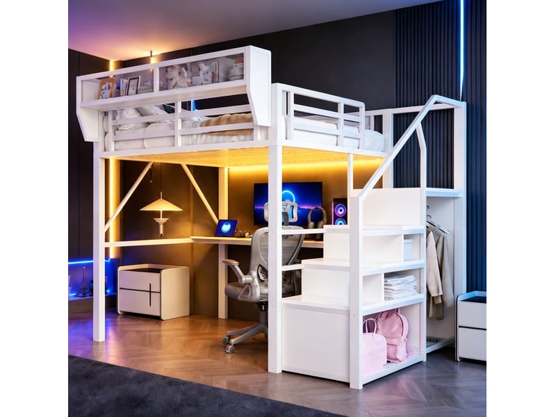  Lit mezzanine 140x200 cm, bureau long, led multicolore, échelle sécurisée, rangement modulable, métal blanc sans matelas  - Conforama D
