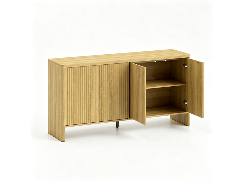 Buffet bas 147x40x77 cm, avec 4 portes sans poignées, rainures, angles arrondis, mdf finition chêne, rangement salon - Conforama A
