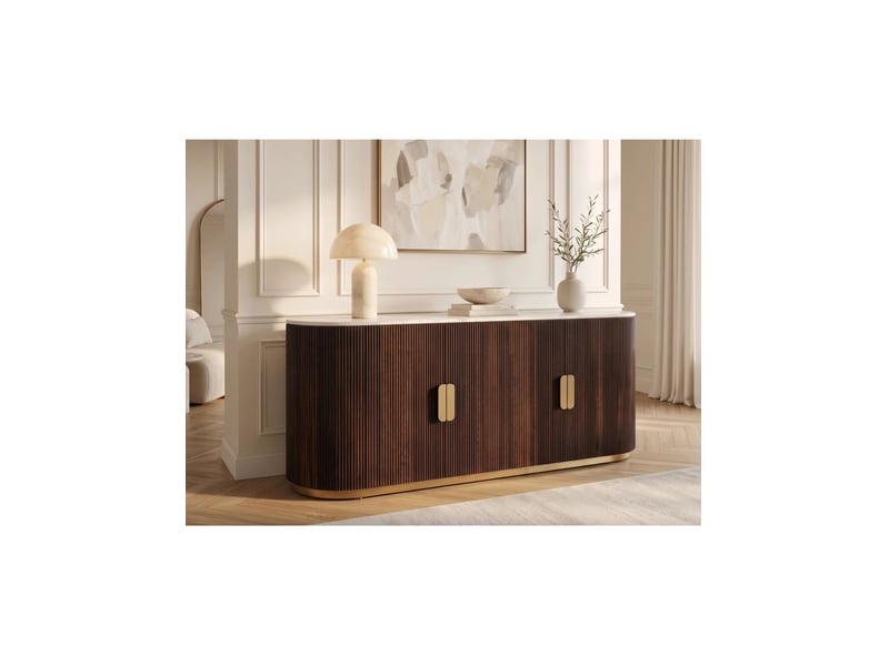  Buffet orion 170 cm en bois massif de manguier – plateau en marbre blanc, 4 portes et métal doré  - Conforama B