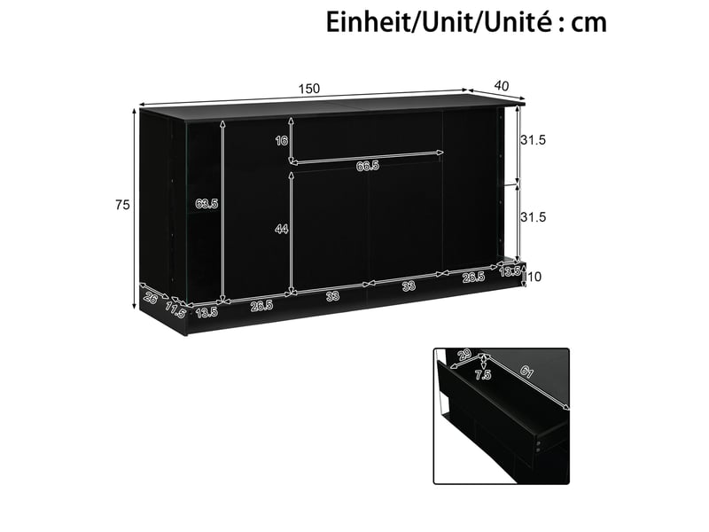  Buffet 150x40x75 cm, vitrines en verre et led réglables par application, panneau de particules noir  - Conforama E
