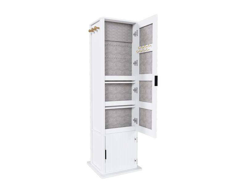  Armoire à bijoux pivotante 360 degrés 50 x 50 x 170 cm blanche en mdf avec miroir psyché et étagères  - Conforama A