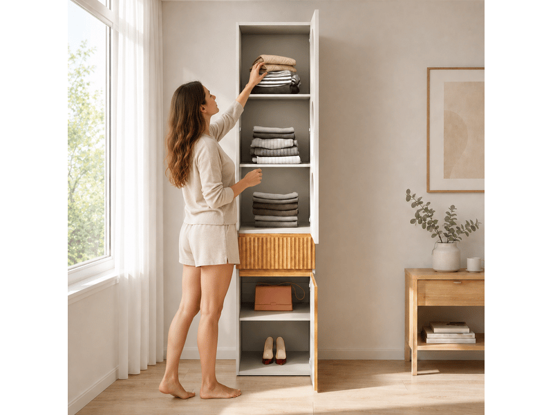  Armoire colonne 45x50x200 cm, 2 portes, 1 tiroir, mdf et panneau, gris clair et naturel, rangement compact déco, déco  - Conforama B