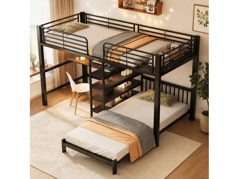  Lit mezzanine 90x200 cm avec bureau et rangements en métal et mdf noir  - Conforama B