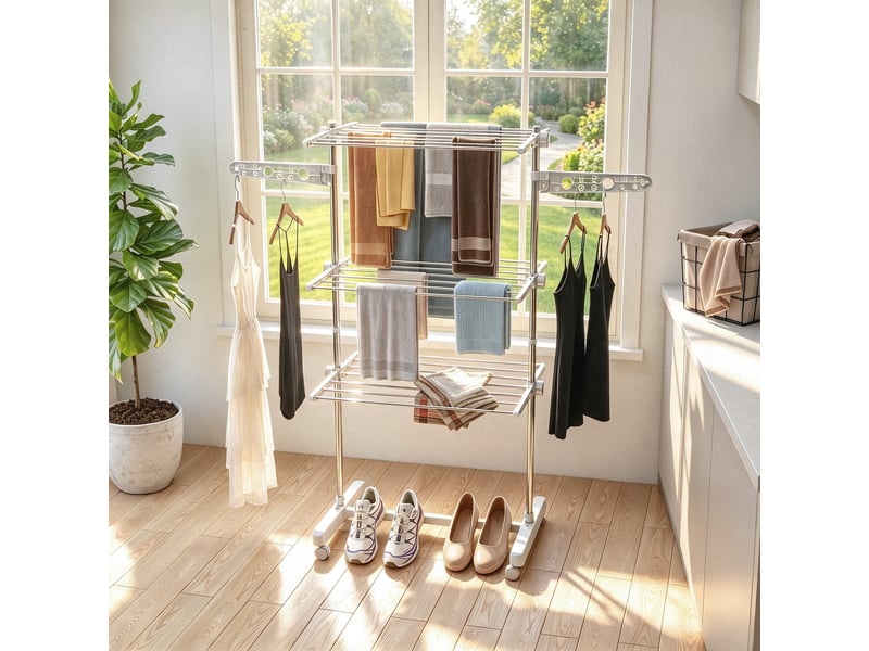 Étendoir à linge vertical pliable en acier et plastique avec 6 roulettes et 3 étagères réglables, 142 x 55 x 172 cm - Conforama C