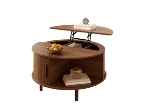 Table basse ronde 80x80 cm relevable avec rangement et porte coulissante, mdf noyer