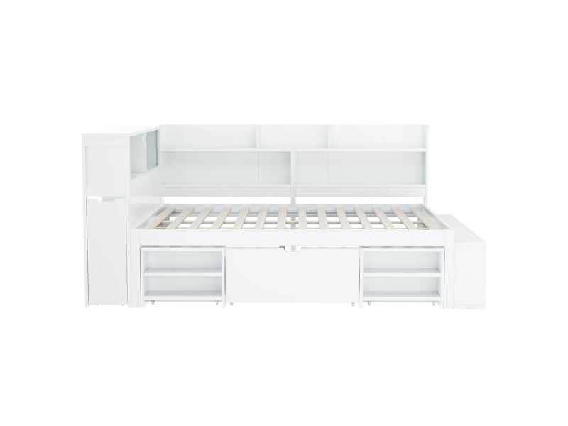  Lit enfant, 140 x 200 cm, lit simple, lit enfant multifonctionnel avec tiroirs, étagère et armoire de rangement, grand espace de rangement, sommier à lattes, sans matelas, blanc  - Conforama D