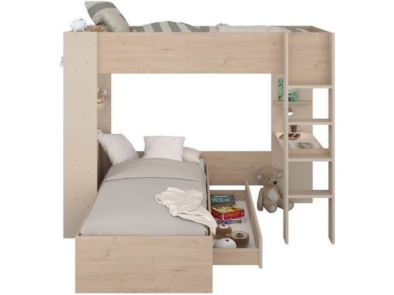  Lit superpose oasis twin 90x200 reversible chene cachemire avec tiroir et sommier 2143LISU - Conforama A