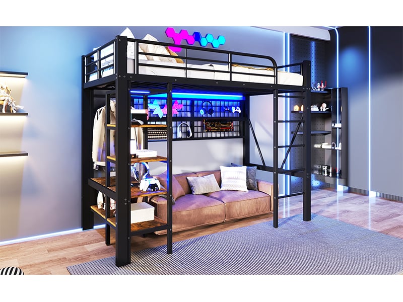  Lit mezzanine 90 × 200 cm, étagères, tringle à vêtements, grille de rangement, led, métal et mdf, sommier à lattes, noir  - Conforama B
