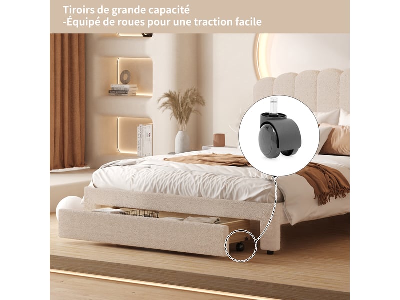  Lit rembourré 160 x 200 cm, tête de lit réglable avec port usb et tiroirs de rangement, beige,velours teddy，sans matelas  - Conforama R