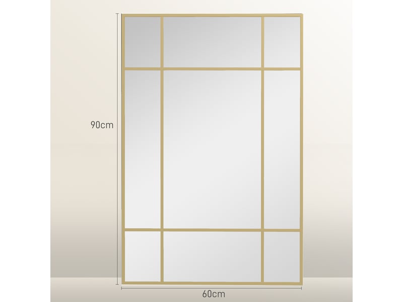  Miroir mural verrière rectangulaire style fenêtre, en métal doré - 90x60 cm, horizontal ou vertical avec 4 crochets  - Conforama C