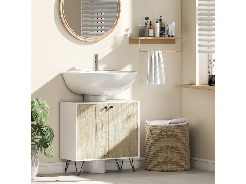  Meuble sous lavabo, meuble de salle de bain avec 2 portes, pieds en acier, 60 x 30 x 60 cm, blanc et bois naturel  - Conforama C