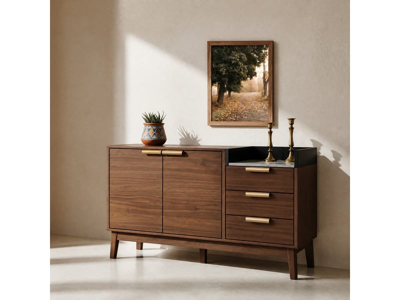  Commode avec 3 tiroirs, 2 portes, niche ouverte et étagères réglables, pour salon, chêne foncé, 120 × 40 × 77 cm  - Conforama B