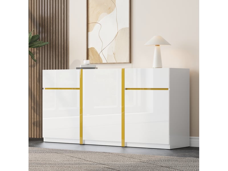  Buffet blanc et doré brillant 3 portes et 2 tiroirs 160 x 40 x 78 cm  - Conforama D