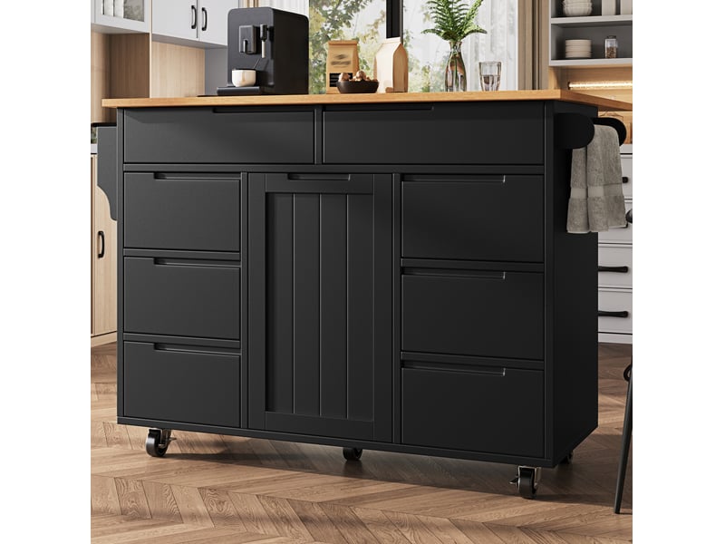  Îlot de cuisine mobile noir en mdf, 8 tiroirs, plateau pliant et roulettes  - Conforama D