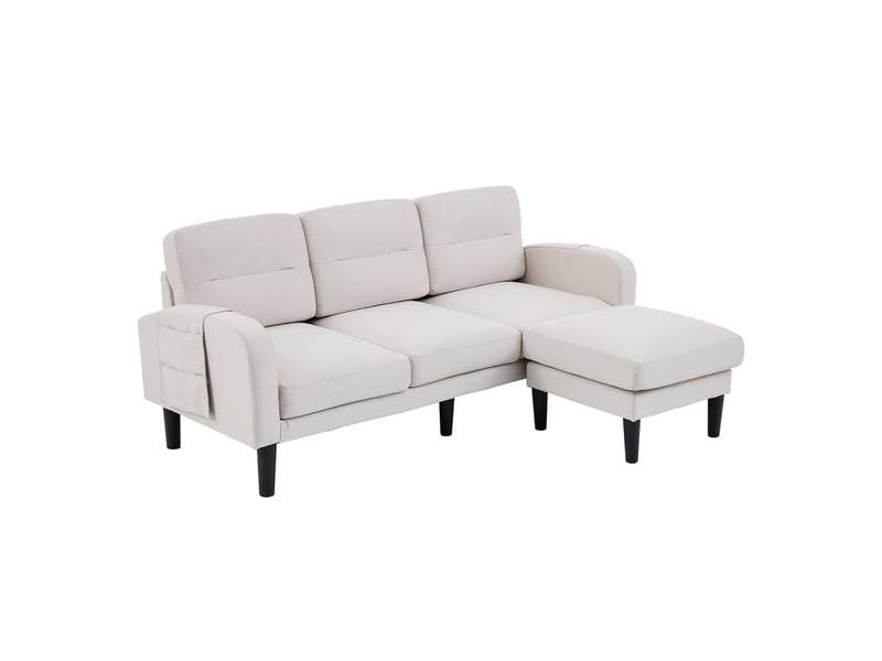 Canapé d'angle en l 3 places avec méridienne, tissu beige confortable, canapé modulaire avec poches de rangement pour salon, 204x136x80 cm - Conforama A