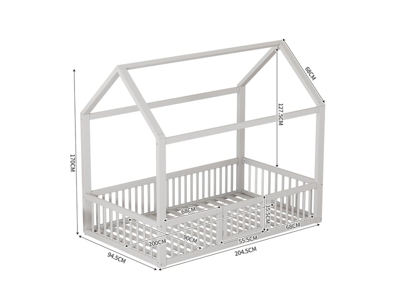  Lit cabane enfant 90x200 cm blanc avec barrières et portillon  - Conforama C