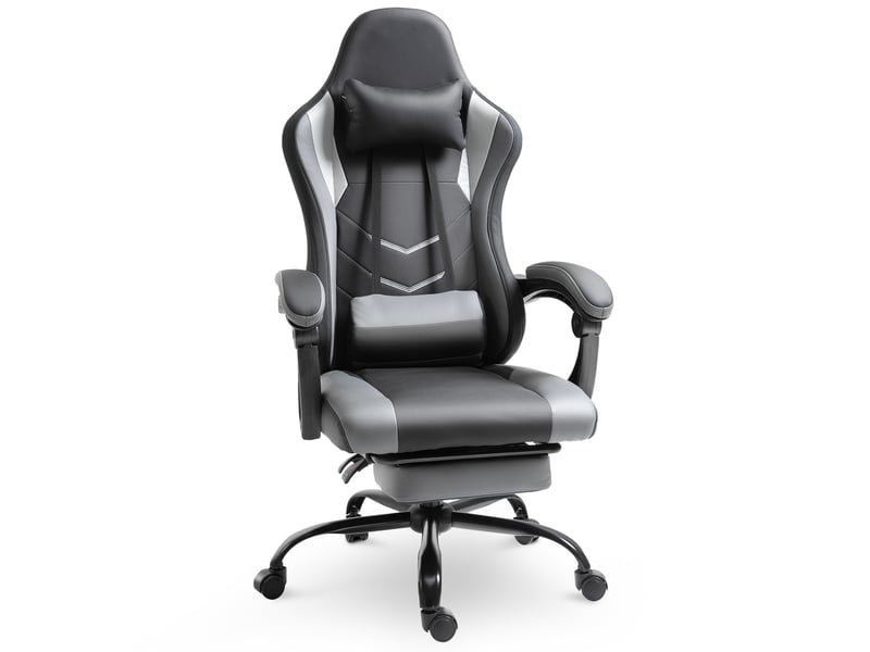  Fauteuil gaming noir en mousse, hauteur réglable, dossier inclinable 160 degrés avec repose-pieds rétractable  - Conforama A