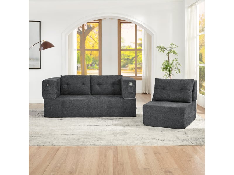  Canapé-lit modulable 3 places avec fauteuil pliable et poches latérales gris foncé  - Conforama D